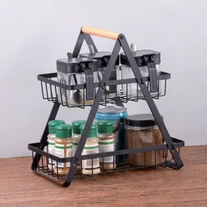 Raft Metalic Negru cu 2 Nivele și Mâner din Lemn 30x18x32cm