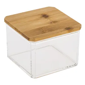 Cutie de depozitare acrilică transparentă cu capac din bambus, 10x10x7.5 cm