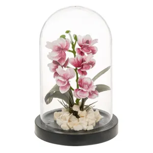 Cupolă decorativă cu floare artificială roz și pietre, 11.5x18 cm