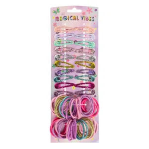 Set Accesorii Par pentru Copii, 20 Clame Metalice cu Glitter 5cm si 40 Elastice Colorate, 60 buc