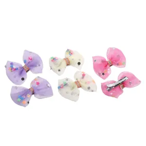 Set 6 Clame de Păr Metalice cu Fundițe 3D din Tul și Confetti pentru Copii, 3 cm, Multicolore