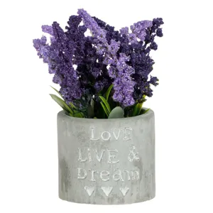 Ghiveci ceramic decorativ gri cu plantă artificială lavandă, Ø8x17cm