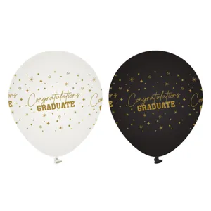 Baloane Latex pentru Absolvire, set 10 buc, Alb/Negru cu Imprimeu Auriu