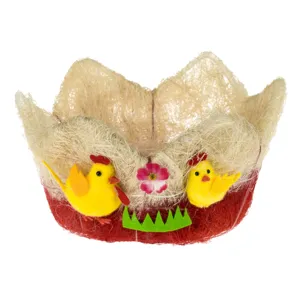 Cos decorativ de Paste din iarba sisal, Bej si Rosu, cu Gainuse si Verdeata, Ø20x10cm