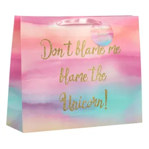Sacoșă cadou din hârtie, roz, cu imprimeu auriu glitter, 40x11x32cm