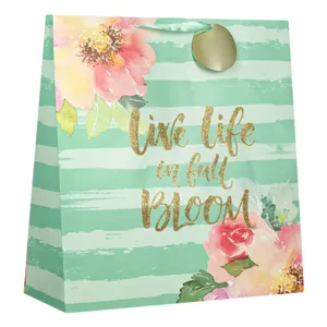 Sacosa cadou din hartie verde cu dungi aurii si imprimeu cu glitter, 43x16x45 cm