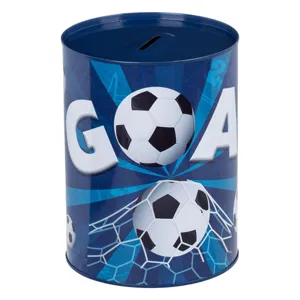 Pusculiță metalică cu model fotbal, albastră, Ø12x16cm