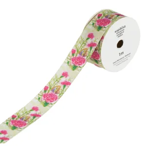 Panglică satinată cu model floral, Verde cu flori fucsia, 1m x 2.5cm
