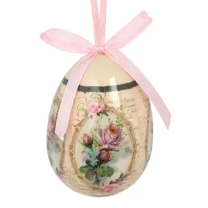 Ou Decorativ de Paste Bej cu Trandafiri Roz Vintage, 7.5 cm