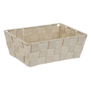 Cos de depozitare bej cu model impletit rattan si cadru metalic, 22x16x8 cm