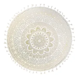 Pernă decorativă rotundă, Bej cu folie aurie, model mandala, franjuri, Ø40cm