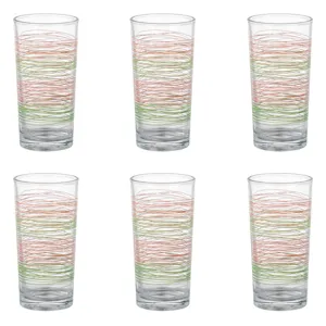 Set 6 Pahare din Sticlă Transparentă, 250ml, Design Triunghiular cu Linii Colorate