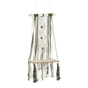 Raft decorativ suspendabil din lemn cu macrame, 25x13x42cm