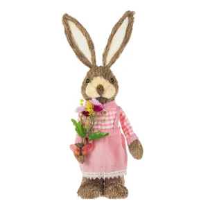 Iepuras decorativ de Paste cu rochie roz, 50 cm