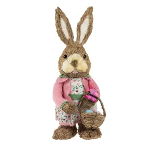 Iepuraș decorativ de Paște din iarbă, cu rochie florală, 46 cm