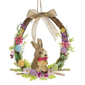 Coroniță de Paște cu Ouă Colorate Pastel, Flori și Iepuraș, 35 cm