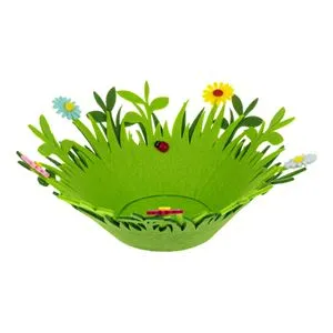 Cos Decorativ de Paste din Pasla Verde cu Model Iarba, Decorat cu Flori si Buburuza, Ø26x11cm