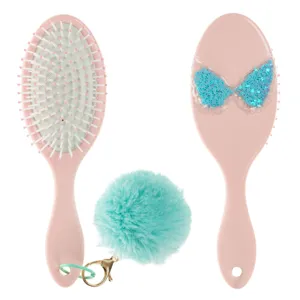 Perie de păr ovală cu aripi de înger, confetti și pompon, 22 cm, roz