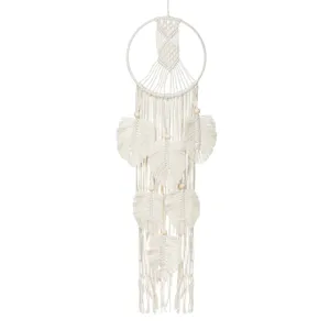 Decoratiune de Perete Macrame Rotundă Bej cu Frunze Tropicale și Margele din Lem
