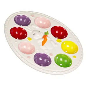 Suport ceramic pentru 8 ouă de Paște, cu model iepuraș și morcov, 21x27x3cm
