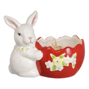 Suport ceramic pentru ouă de Paște, Iepuraș și flori, 17x11x13.5 cm