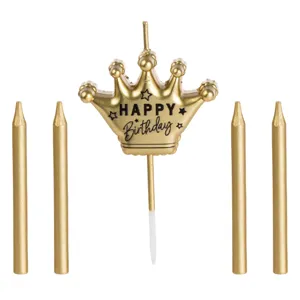 Set Lumanari pentru Tort, Auriu, Coroana Happy Birthday, 5 buc