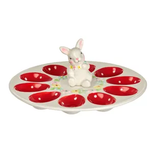 Suport ceramic pentru 10 oua de Paste, cu model iepuras, Ø25x10cm