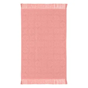 Prosop de bucatarie din bumbac, 60x40cm, corai, cu romburi si flori reliefate, franjuri