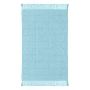 Prosop de bucatarie din bumbac, turcoaz, cu model romburi si flori, franjuri, 60x40 cm