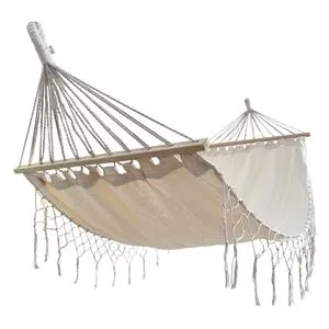 Hamac Macrame Boho Bej cu Tije din Lemn pentru Spații Exterioare