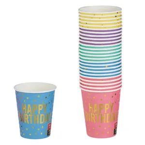 Pahare de petrecere carton culori pastelate cu folie aurie Happy Birthday