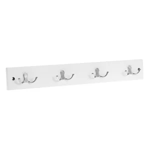 Cuier de perete din lemn cu 4 cârlige duble, 50x1.2x7 cm, alb