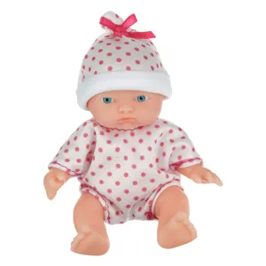 Păpușa bebelușă body alb cu buline roz și căciuliță 12cm pentru joacă
