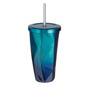 Pahar Metalic cu Pai Ombre Albastru Petrol 500ml