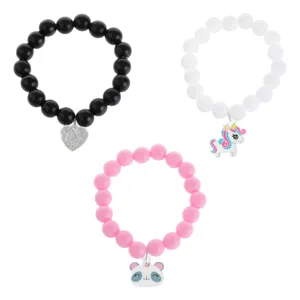 Bratari cu margele pentru copii, set 3 buc, alb-negru-roz, cu pandantive ursulet, inima si unicorn