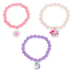 Bratari pentru copii cu margele mate si charms, Set 3 buc, Roz, Lila si Ecru