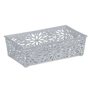 Cos de depozitare plastic gri cu design floral perforat pentru organizare