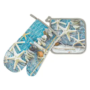 Manușă și șervețel de bucătărie, Set 2 buc, Taupe cu model marin