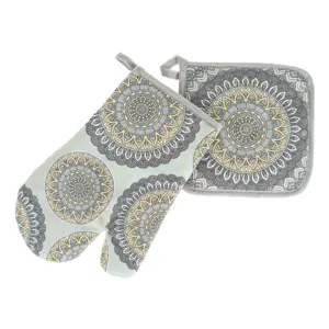 Set Manuse și Servete de Bucătarie Gri cu Mandala Galben