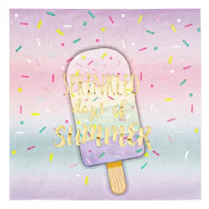 Servetele de Masa cu 2 Straturi Colorate Pastelate cu Model Inghetata Folie Aurie ”Summer” 33x33cm - 12buc