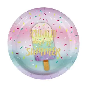 Farfurii de Petrecere din Carton, Pastelate, cu Model Inghetata si Folie Aurie, Ø18cm, Set 6 buc