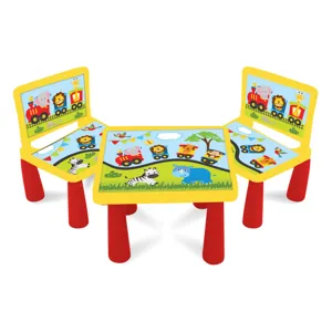 Set Masa si 2 Scaune din Plastic pentru Copii, cu Model Trenulet, Galben