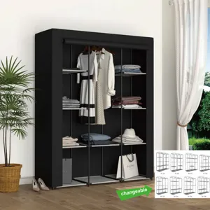 Dulap Textil Negru cu Cadru Metalic și Rafturi Ajustabile