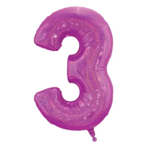 Balon folie metalizată fucsia holografică număr 3, dimensiune 60x41 cm