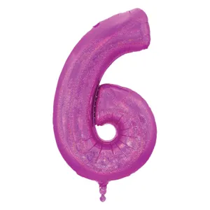 Balon petrecere fucsia holografic număr 6 din folie aluminiu