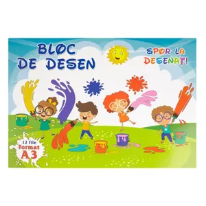 Bloc de desen A3 pentru copii, 12 file albe, coperta vesela cu model copii