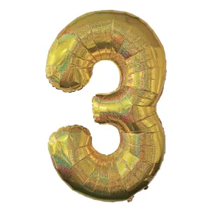 Balon petrecere holografic aurie cu cifră 3, dimensiune 110cm