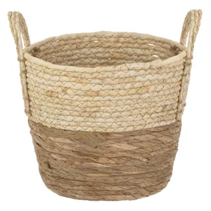 Cos de depozitare rotund din fibra de porumb, cu manere, 26x22 cm, Bej si Maro