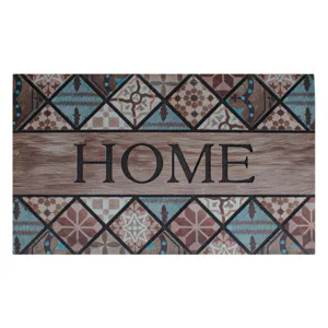 Covoras de intrare cu model placi si mesaj Home, 75x45cm, maro si albastru