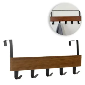 Cuier de ușă din lemn cu 5 cârlige metalice, 38x7x16 cm, maro